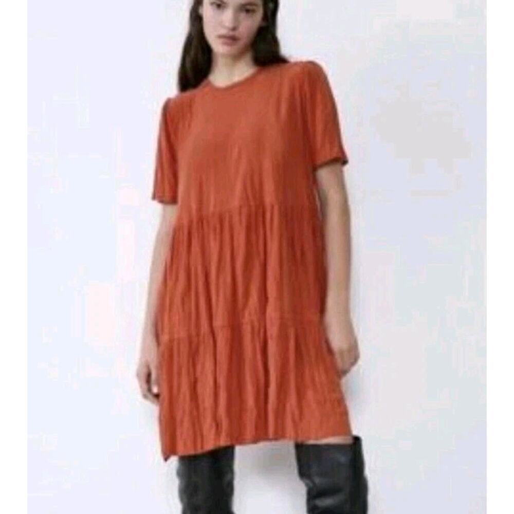 Zara Dress Burnt Orange Wrinkle Look Skater Terra Cotta Short Sleeve Tiered Sz S